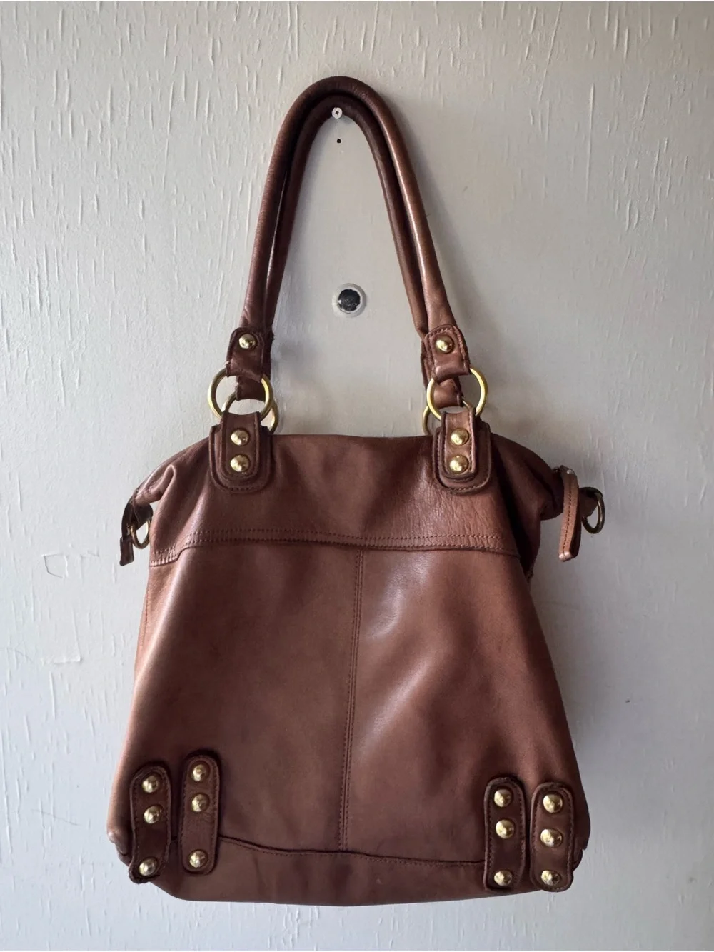 Linea Pelle Brown Leather Shoulder Bag with Gold Hardware